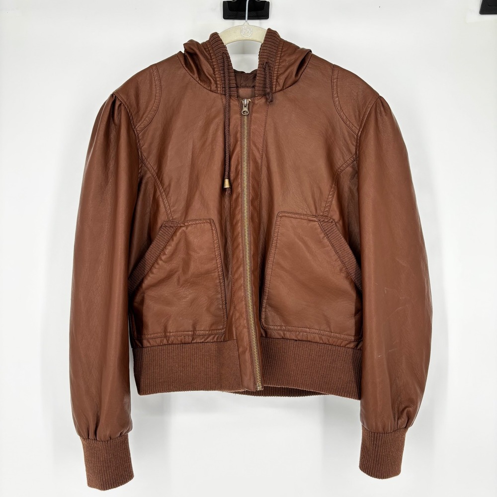 Vintage Beverly Hills Polo Club Faux Leather Hooded Cropped Bomber Jacket sz XXL